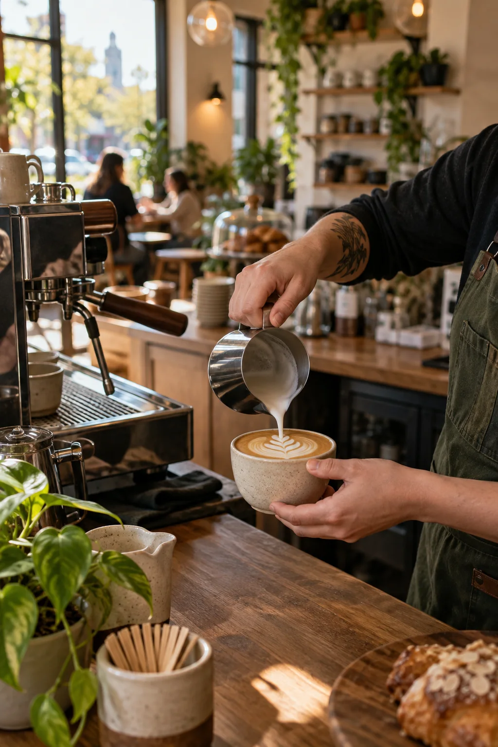A barista preparing a latte in a welcoming local coffee shop