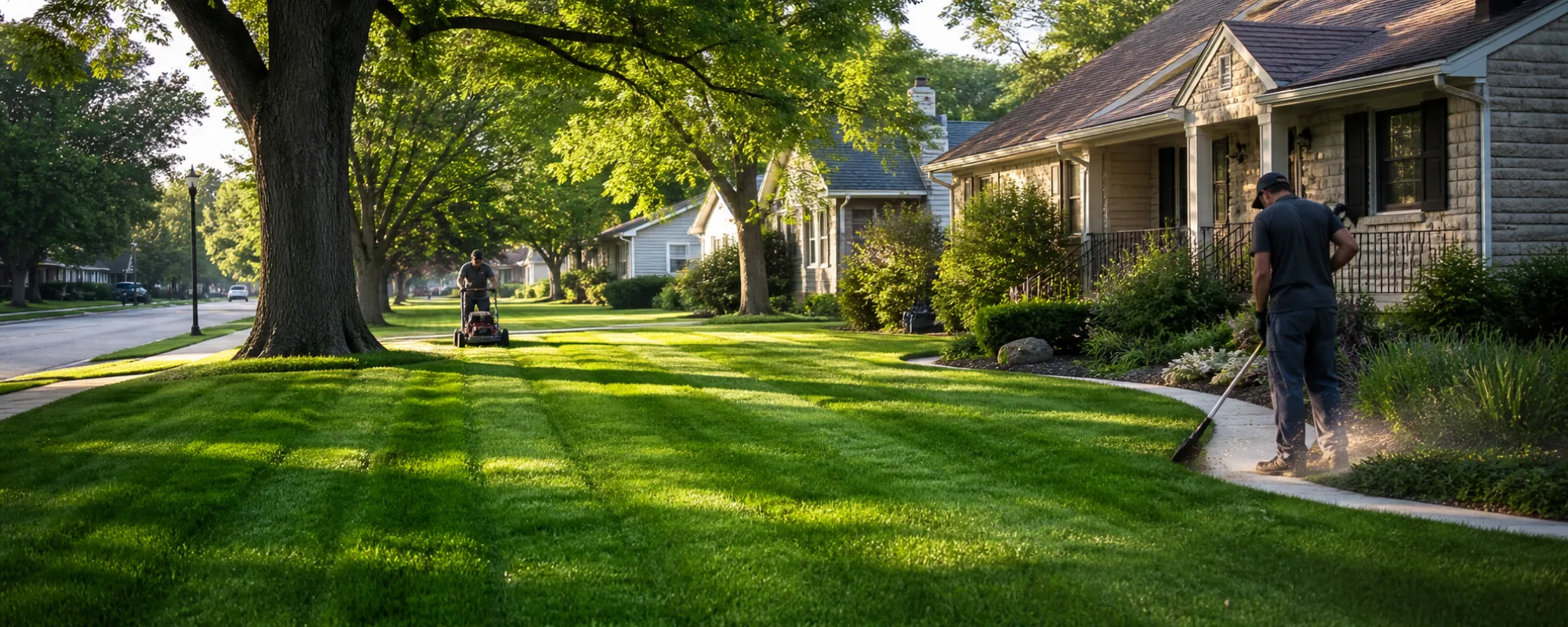 A local lawn-care crew working in a Lincoln neighborhood